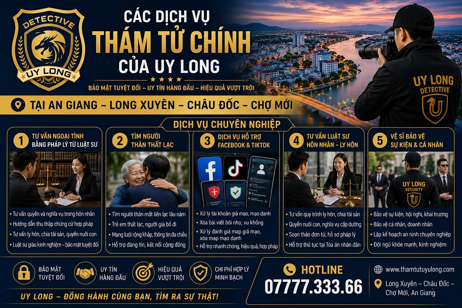 Các dịch vụ thám tử chính của Uy Long tại An Giang - Long Xuyên - Châu Đốc - Chợ Mới